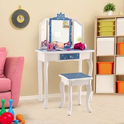 snowflake print princess vanity set, tri-folding mirror vanity table & chair with convertible design