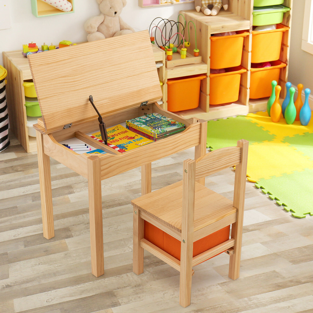 Kids Wood Activity Table Chair Set With Storage Ergonomic Study Desk For Toddlers 3 5
