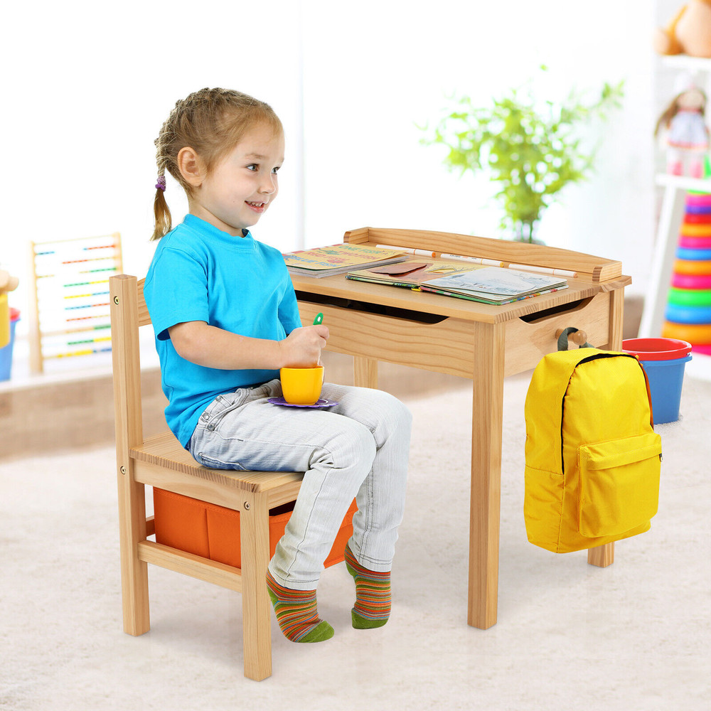 Kids Wood Activity Table Chair Set With Storage Ergonomic Study Desk For Toddlers 3 1