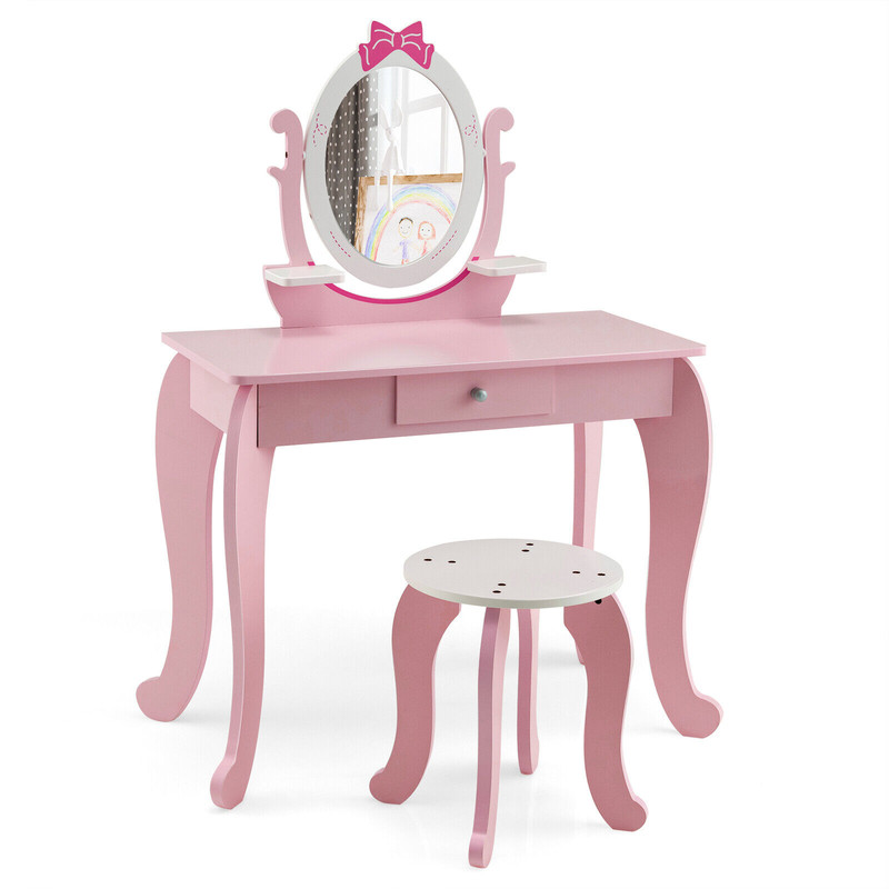 Kids Vanity Set With Oval Rotatable Mirror  Stool Adjustable Makeup  Study Table For Girls 5