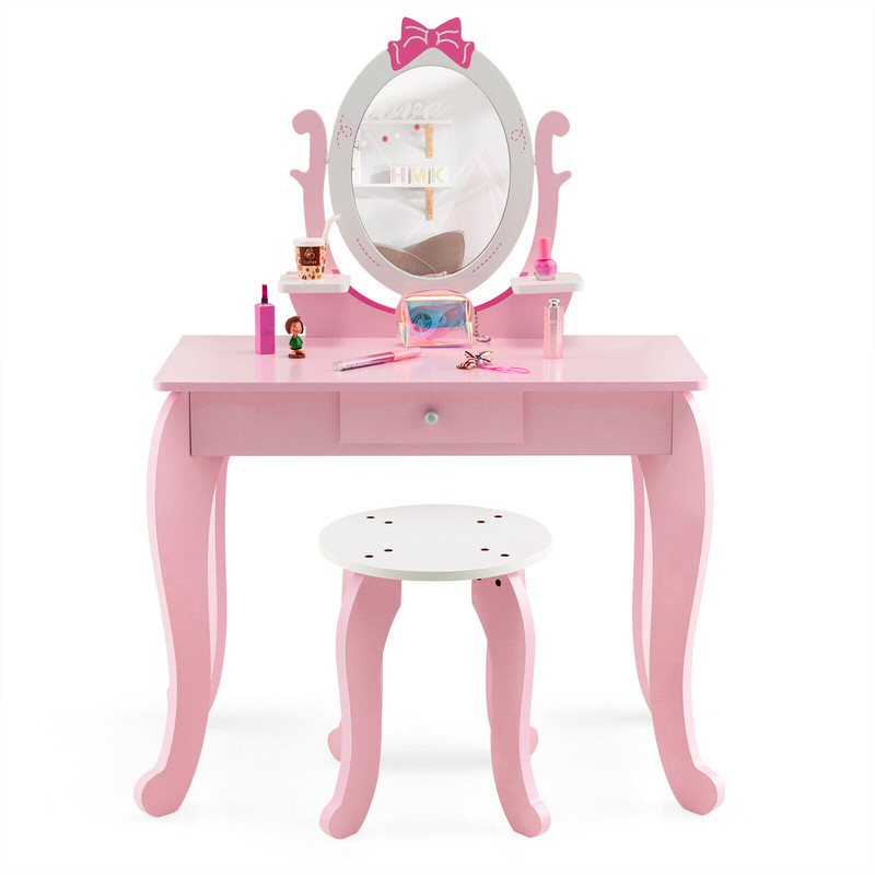 Kids Vanity Set With Oval Rotatable Mirror  Stool Adjustable Makeup  Study Table For Girls 6