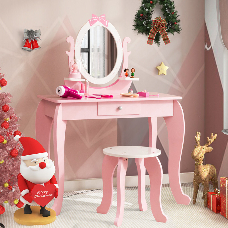 Kids Vanity Set With Oval Rotatable Mirror  Stool Adjustable Makeup  Study Table For Girls 7