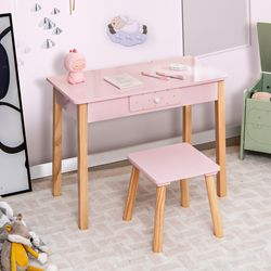 2-in-1 children vanity table stool set with mirror, kids makeup & study desk with storage