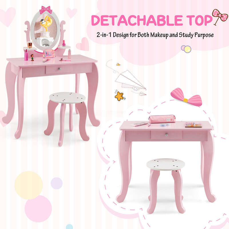 Kids Vanity Set With Oval Rotatable Mirror  Stool Adjustable Makeup  Study Table For Girls 4