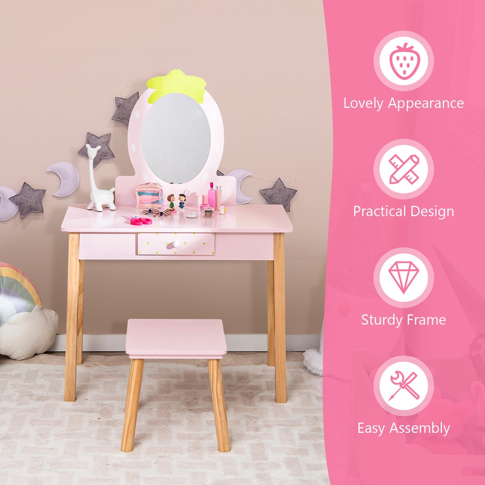 2in1 Children Vanity Table Stool Set With Mirror Kids Makeup Study Desk With Storage 2
