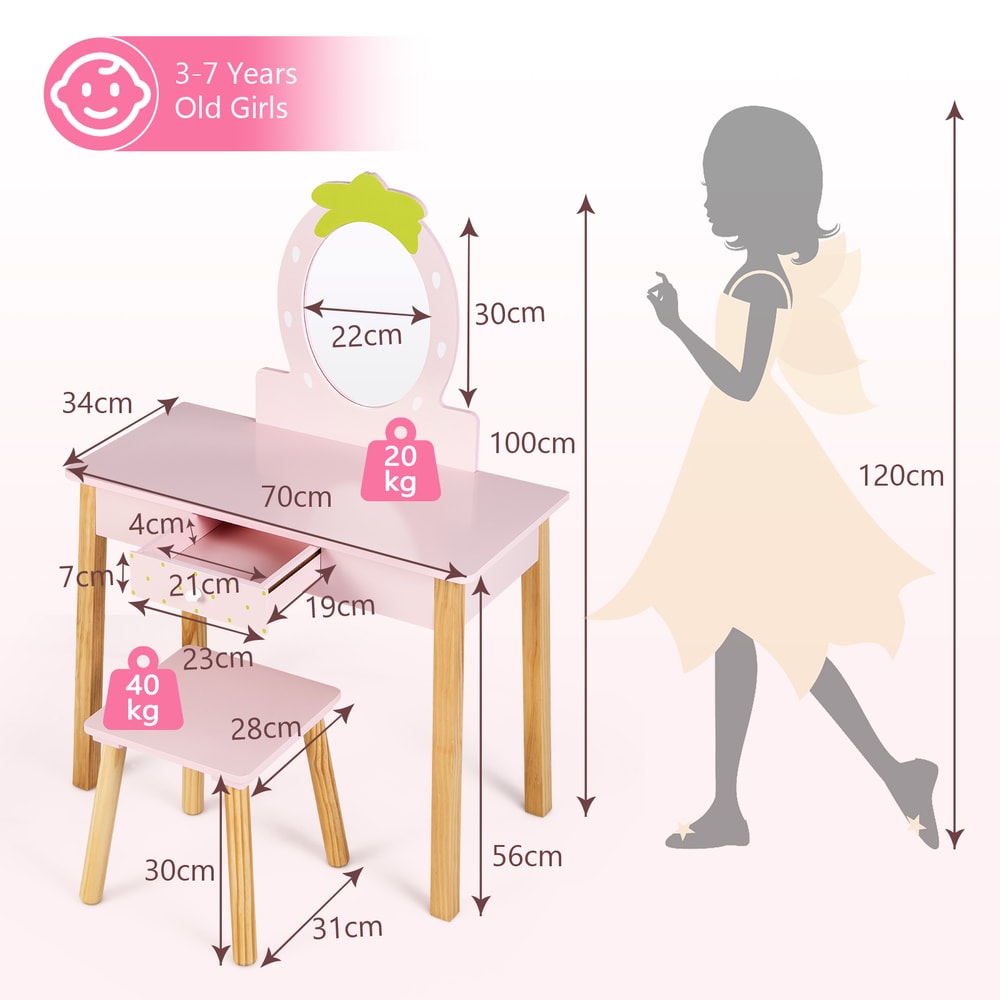 2in1 Children Vanity Table Stool Set With Mirror Kids Makeup Study Desk With Storage 6