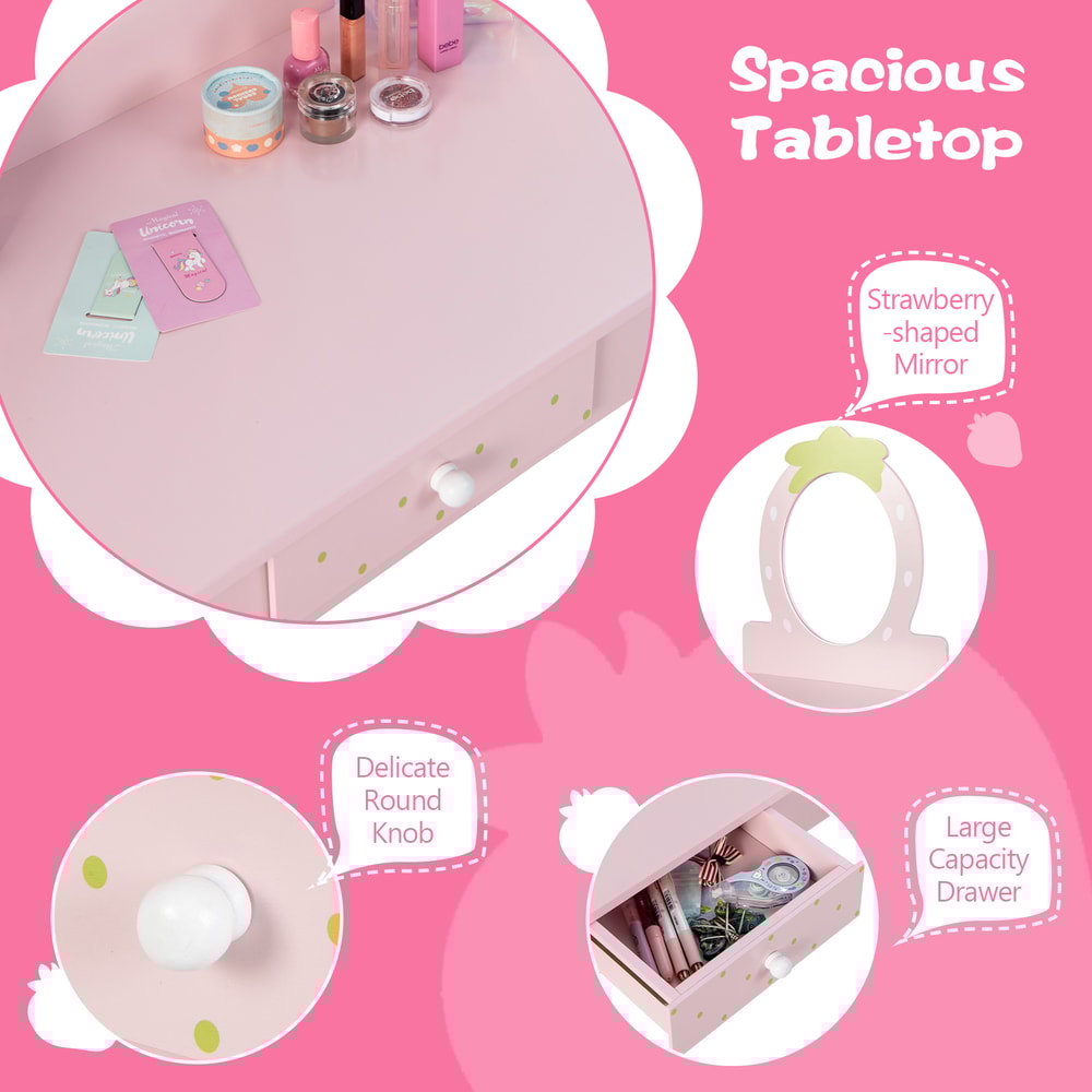 2in1 Children Vanity Table Stool Set With Mirror Kids Makeup Study Desk With Storage 3