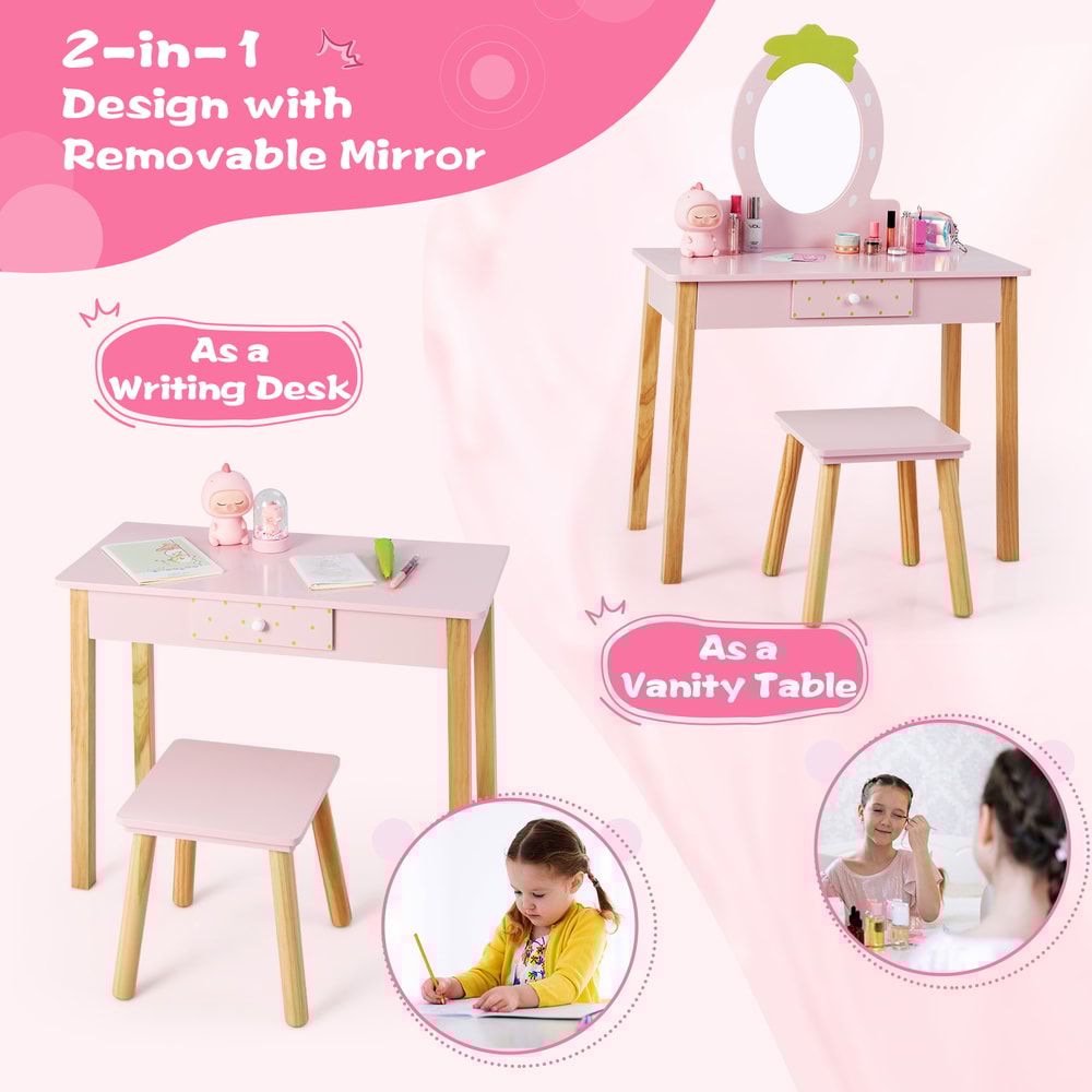 2in1 Children Vanity Table Stool Set With Mirror Kids Makeup Study Desk With Storage 5