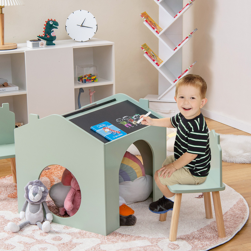 Kids Wooden Table & Chair Set (3-Piece), Chalkboard Top, Sturdy MDF Construction, Perfect for Crafts & Learning