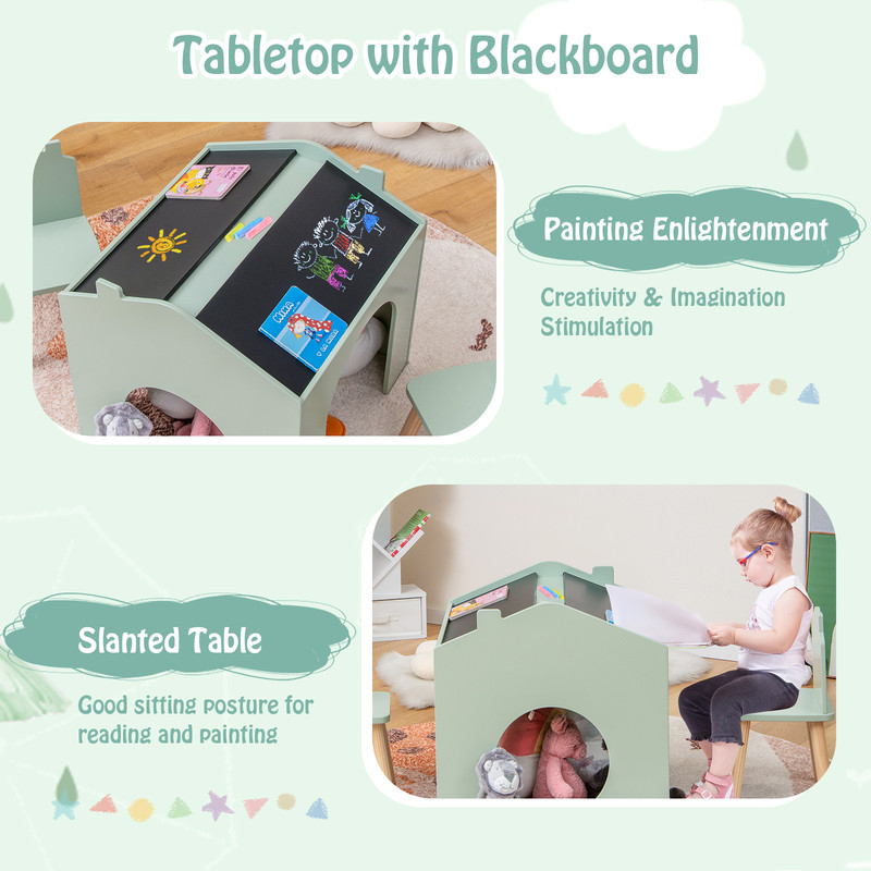 Kids Wooden Table & Chair Set (3-Piece), Chalkboard Top, Sturdy MDF Construction, Perfect for Crafts & Learning