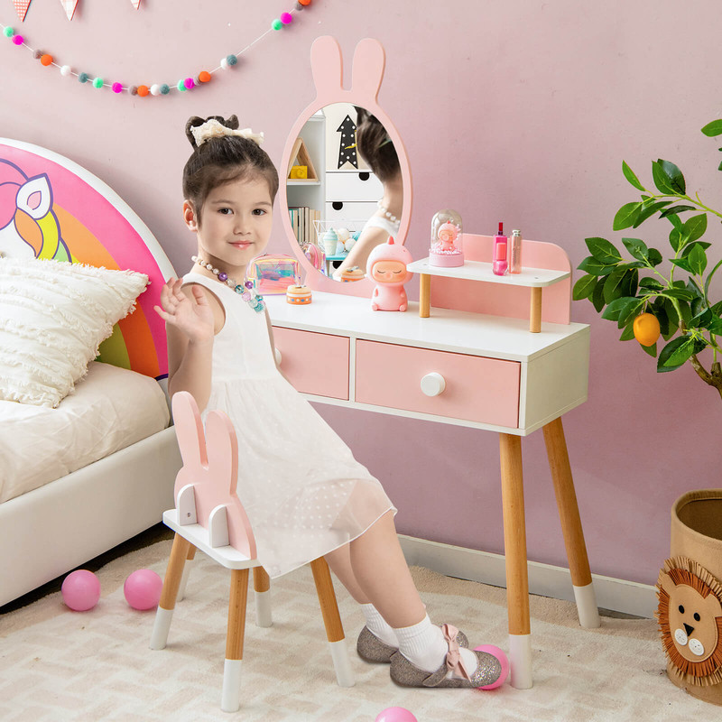 Pink Vanity Set For Girls Kids Table  Chair With Storage Drawers Shelf  Adorable Rabbit Mirror 0