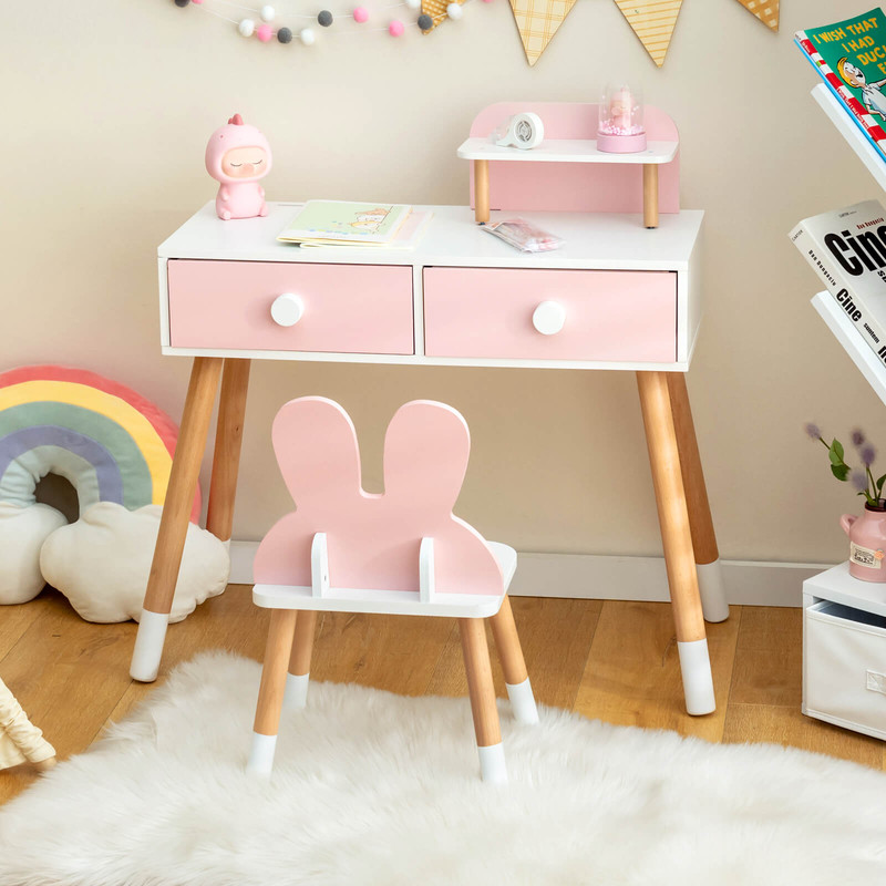 Pink Vanity Set For Girls Kids Table  Chair With Storage Drawers Shelf  Adorable Rabbit Mirror 1