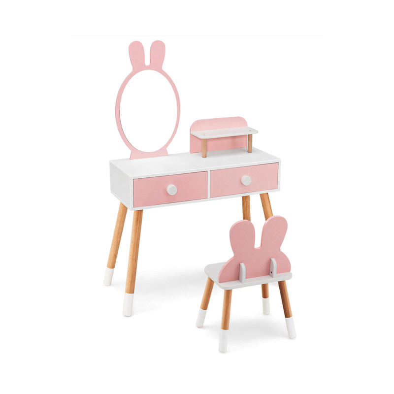 Pink Vanity Set For Girls Kids Table  Chair With Storage Drawers Shelf  Adorable Rabbit Mirror 5