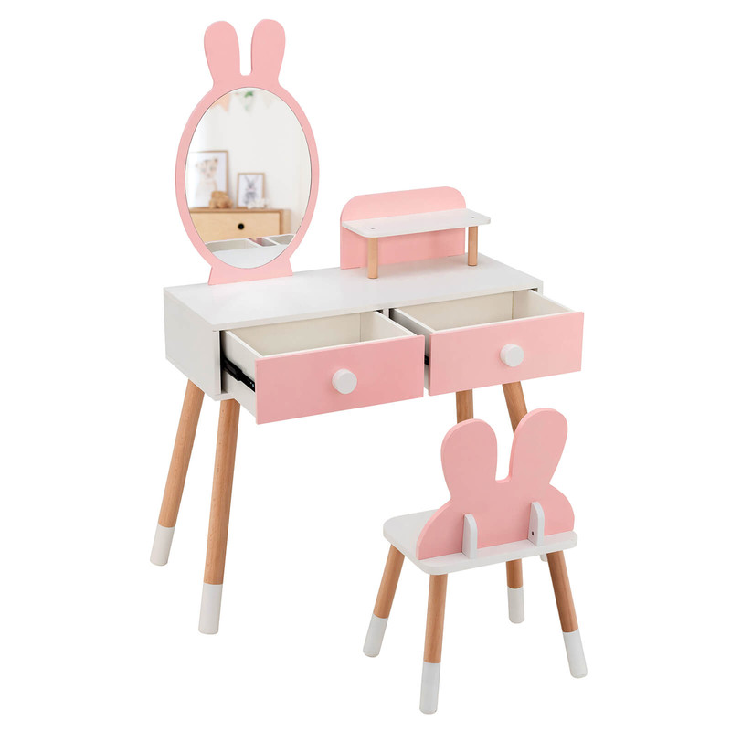Pink Vanity Set For Girls Kids Table  Chair With Storage Drawers Shelf  Adorable Rabbit Mirror 6