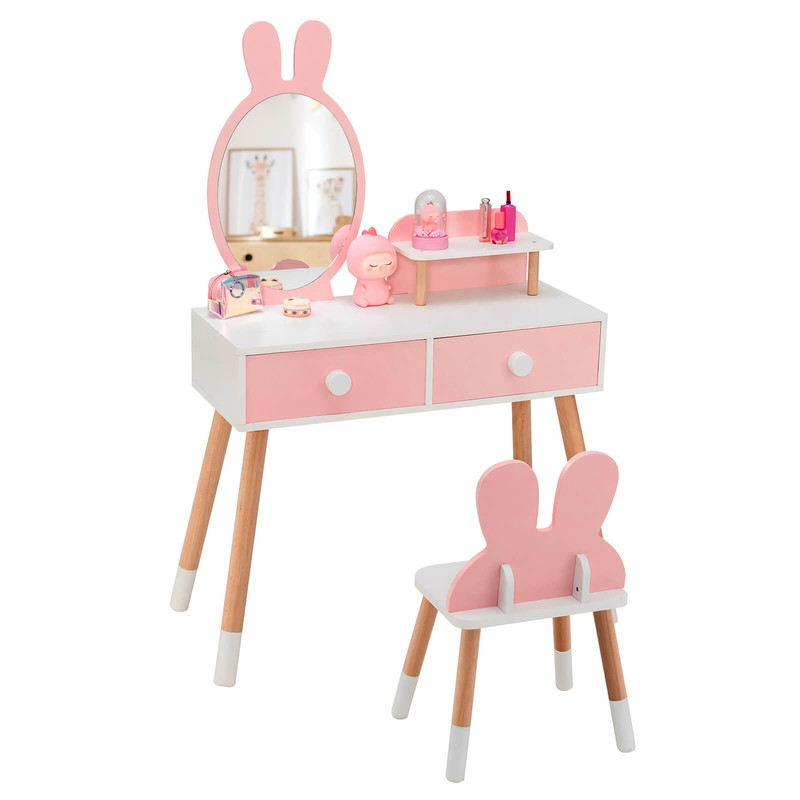 Pink Vanity Set For Girls Kids Table  Chair With Storage Drawers Shelf  Adorable Rabbit Mirror 7