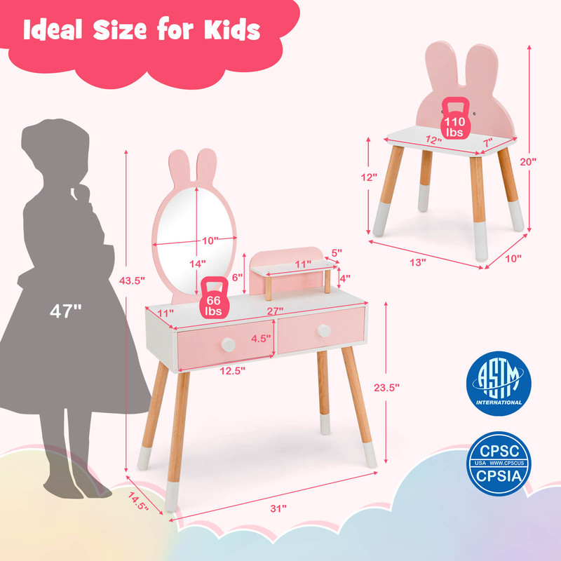 Pink Vanity Set For Girls Kids Table  Chair With Storage Drawers Shelf  Adorable Rabbit Mirror 3