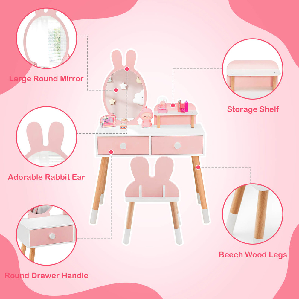 Pink Vanity Set For Girls Kids Table  Chair With Storage Drawers Shelf  Adorable Rabbit Mirror 4