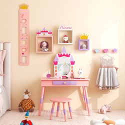 princess vanity table set for kids with stool, drawer, mirror & storage, pink makeup dressing desk