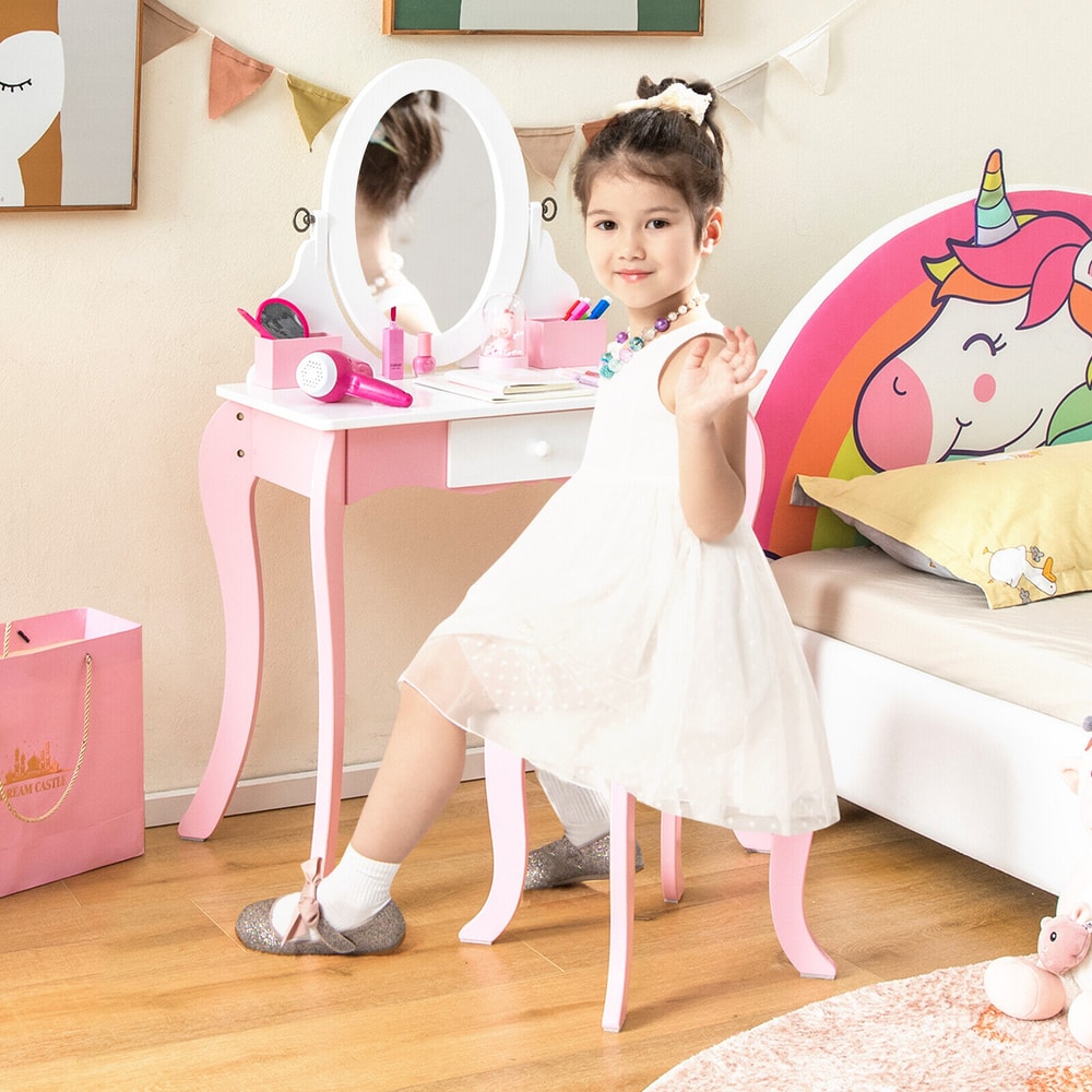 Pretend Kids Vanity Set With 360 Rotatable Mirror Play Accessories Convertible Makeup Writing Tab 1