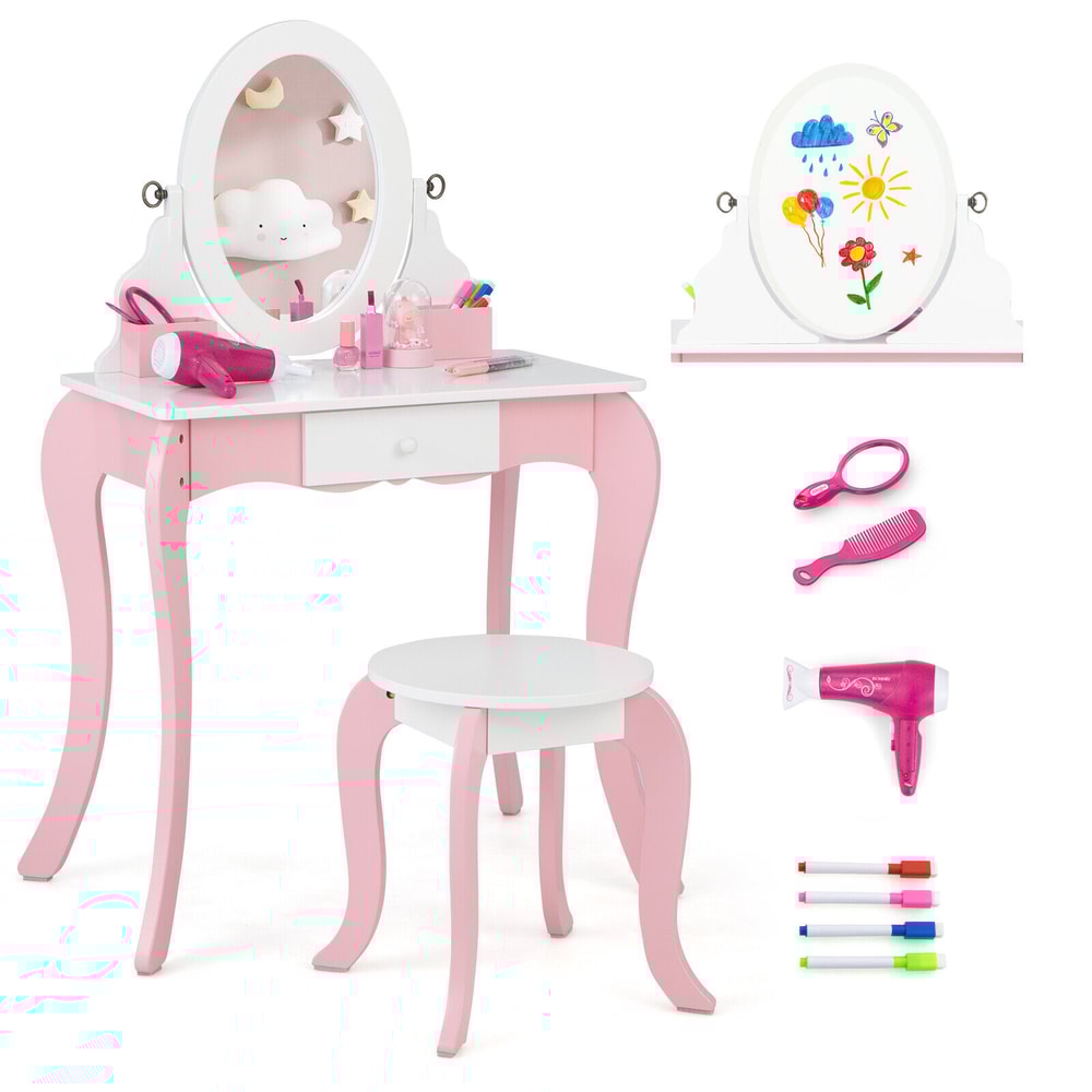 Pretend Kids Vanity Set With 360 Rotatable Mirror Play Accessories Convertible Makeup Writing Tab 4