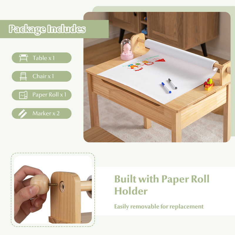 Toddler Multifunctional Activity Table And Chair Set With Paper Roll Holder Kids Drawing Learning 5