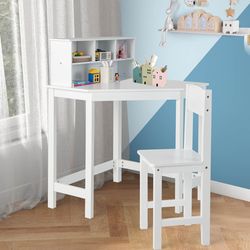 kids wooden corner desk and chair set with hutch & storage, space-saving study table