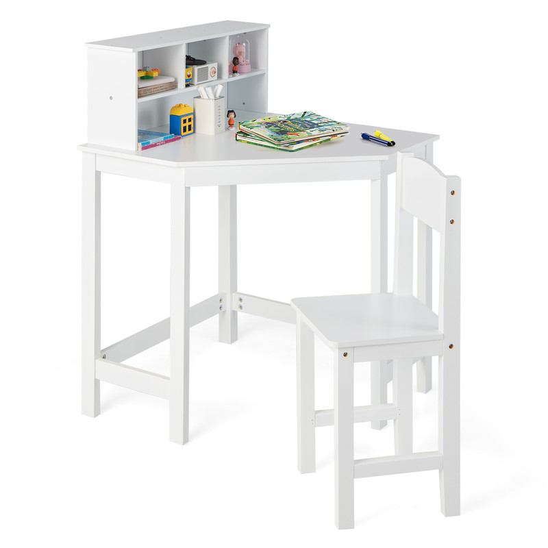 Kids Wooden Corner Desk And Chair Set With Hutch  Storage SpaceSaving Study Table 6