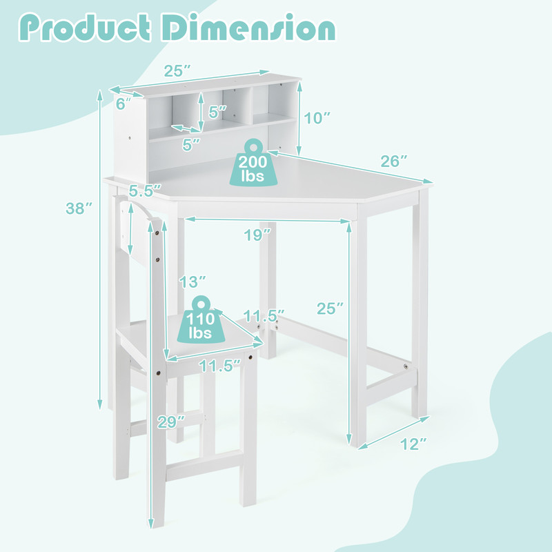 Kids Wooden Corner Desk And Chair Set With Hutch  Storage SpaceSaving Study Table 5