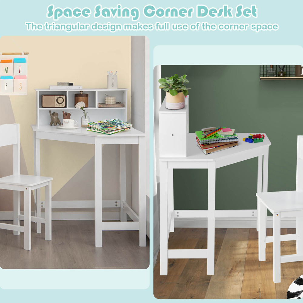 Kids Wooden Corner Desk And Chair Set With Hutch  Storage SpaceSaving Study Table 2