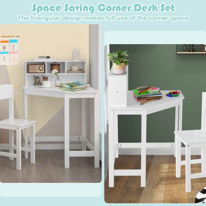 Kids Wooden Corner Desk And Chair Set With Hutch  Storage SpaceSaving Study Table 2
