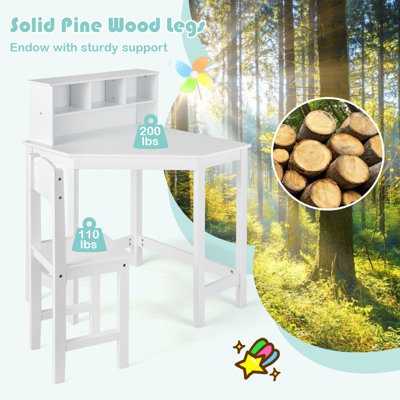Kids Wooden Corner Desk And Chair Set With Hutch  Storage SpaceSaving Study Table 4