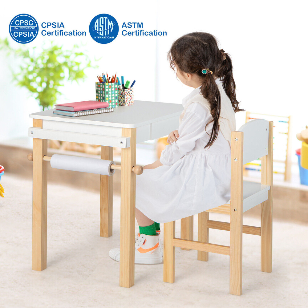 Kids Art Table And Chair Set With Drawer Paper Roll 2 Markers Creative Toddler Activity Station 7