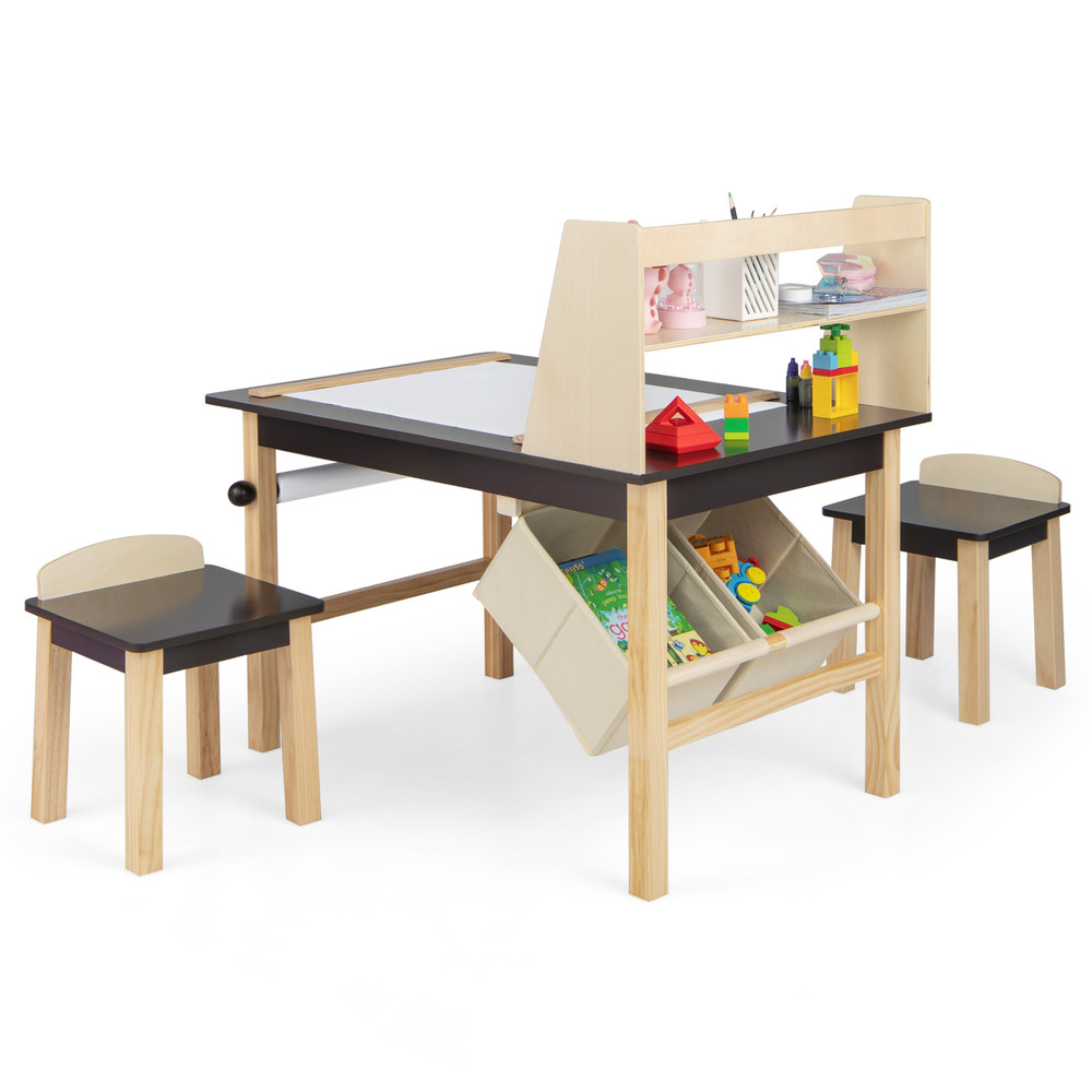 Kids Art Table And Chairs Set With Paper Roll Storage Bins Creative Activity Center For Toddlers 7