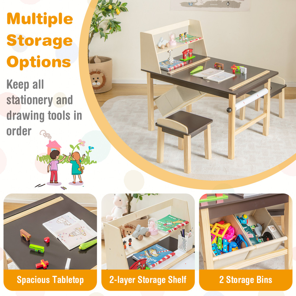 Kids Art Table And Chairs Set With Paper Roll Storage Bins Creative Activity Center For Toddlers 2