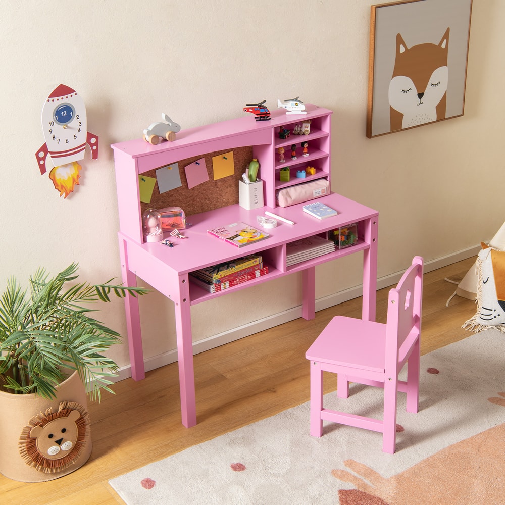 Kids Desk And Chair Set With Hutch Bulletin Board Wooden Study Station For Ages 3 0