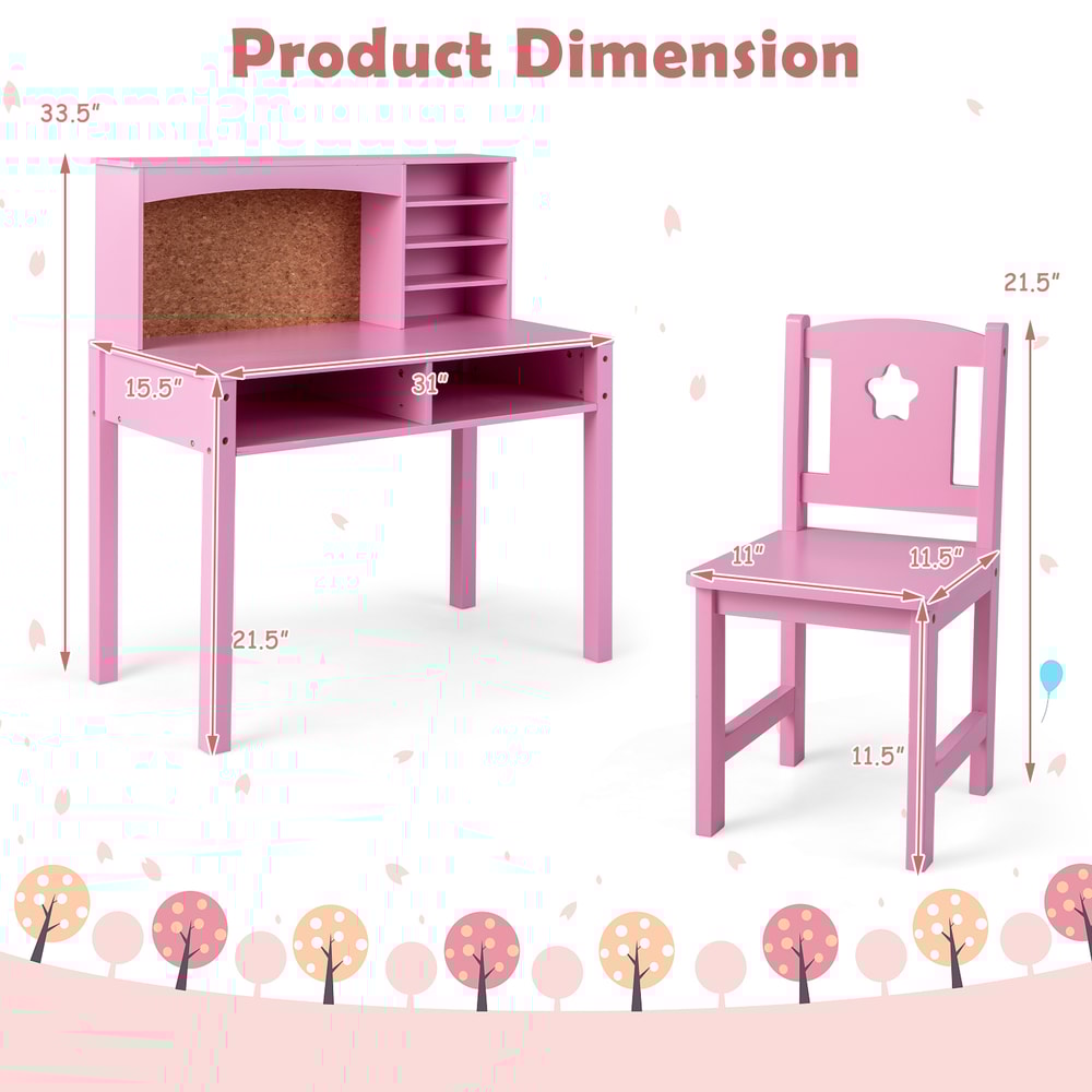 Kids Desk And Chair Set With Hutch Bulletin Board Wooden Study Station For Ages 3 4