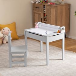 wooden kids table and chair set with storage & paper roll holder, multi-activity center for toddlers