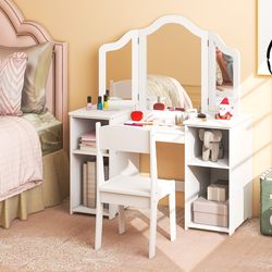 kids vanity table and chair set with removable tri-folding mirror, princess makeup & study desk