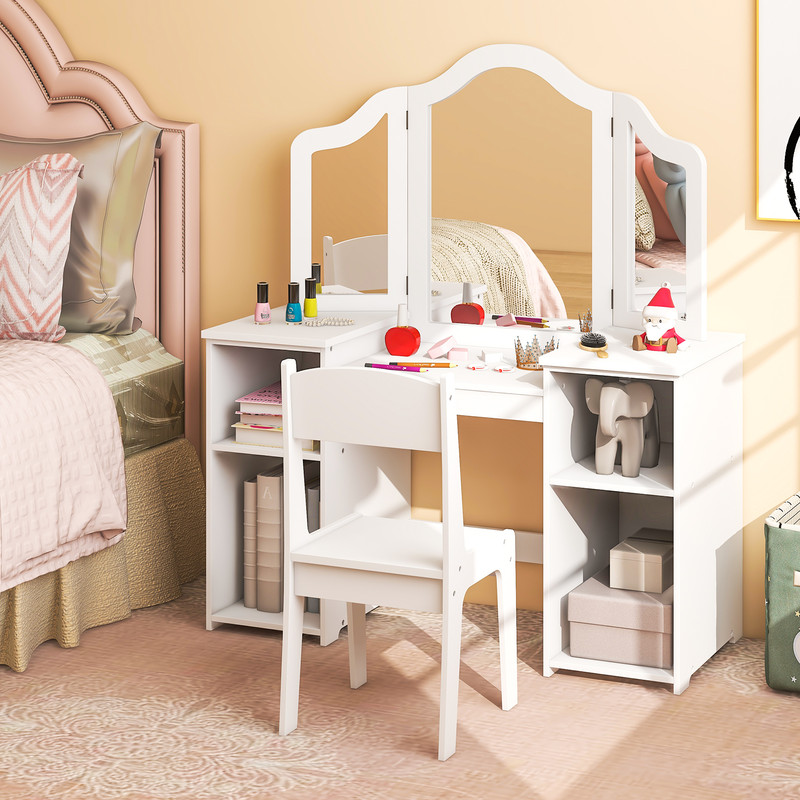 Kids Vanity Table And Chair Set With Removable TriFolding Mirror Princess Makeup  Study Desk 0