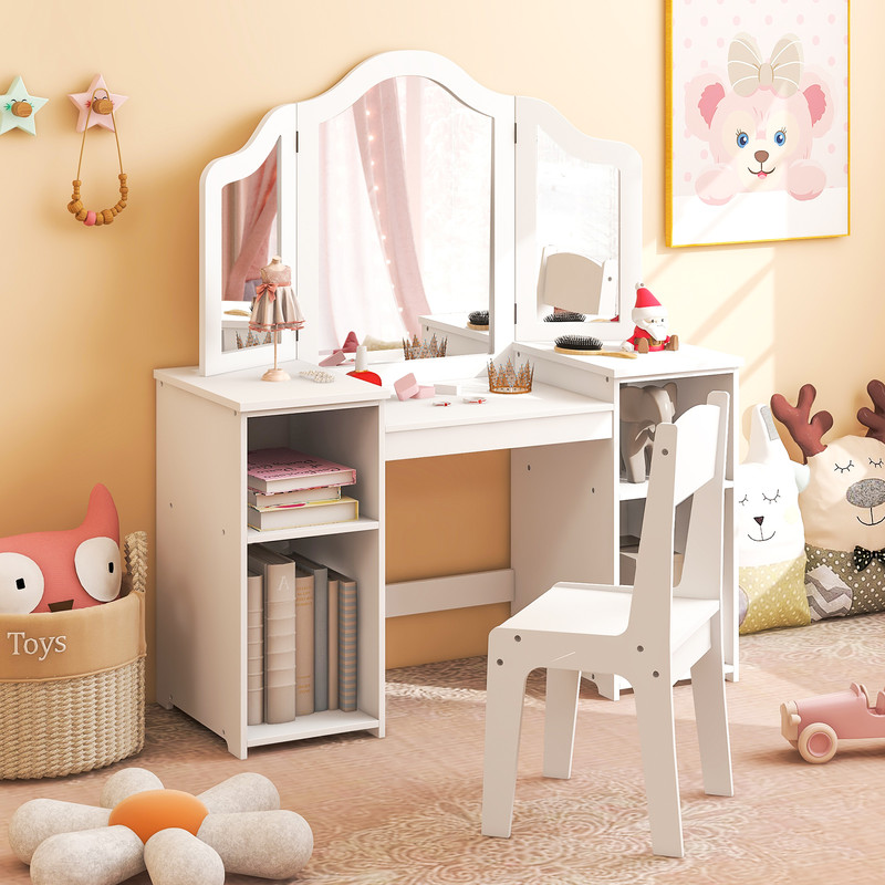 Kids Vanity Table And Chair Set With Removable TriFolding Mirror Princess Makeup  Study Desk 5