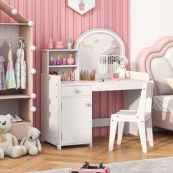 princess vanity set for kids, table & chair with shelves, drawer, cabinet, includes led mirror & comb gift