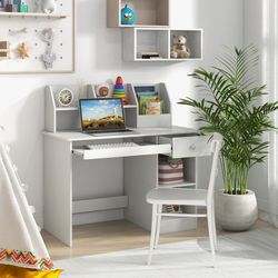 kids study desk with hutch, drawer & shelves, childrens writing table with keyboard tray – 220 lb capacity