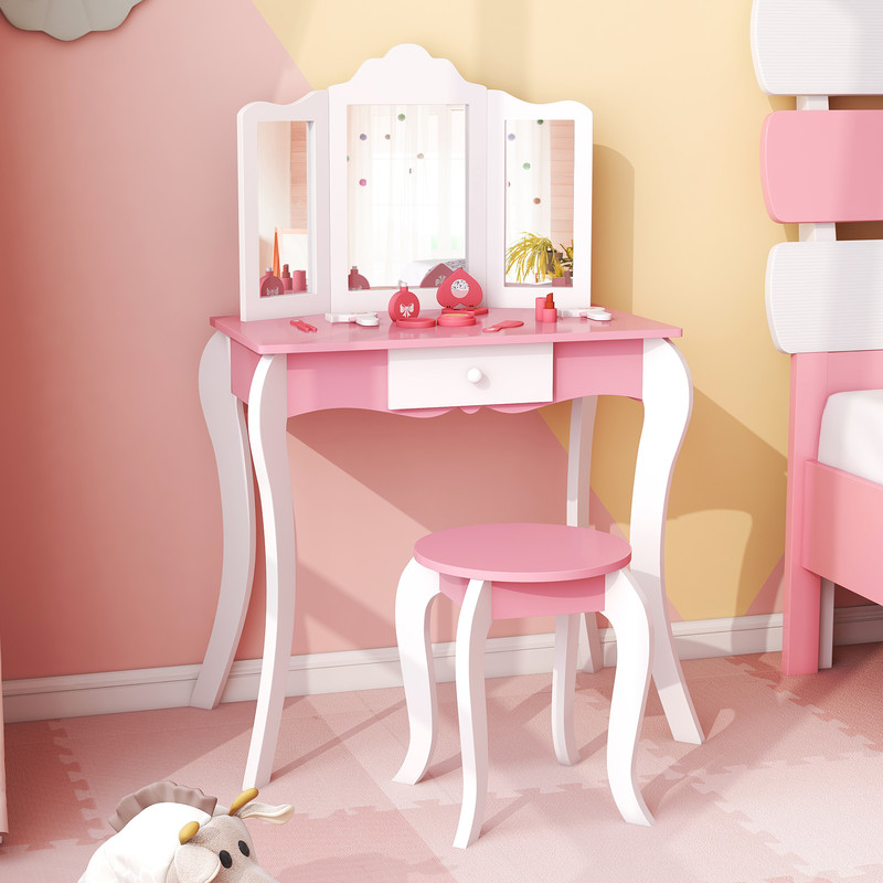 Acrylic Mirror Kids Vanity Set Wooden Makeup Table And Stool For Girls With Drawer Safe Design  Gif 1