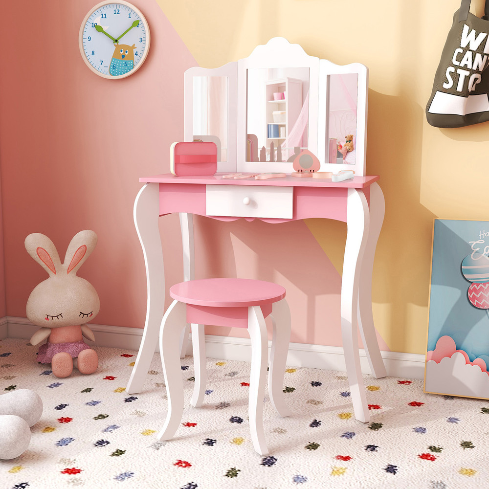 Acrylic Mirror Kids Vanity Set Wooden Makeup Table And Stool For Girls With Drawer Safe Design  Gif 2