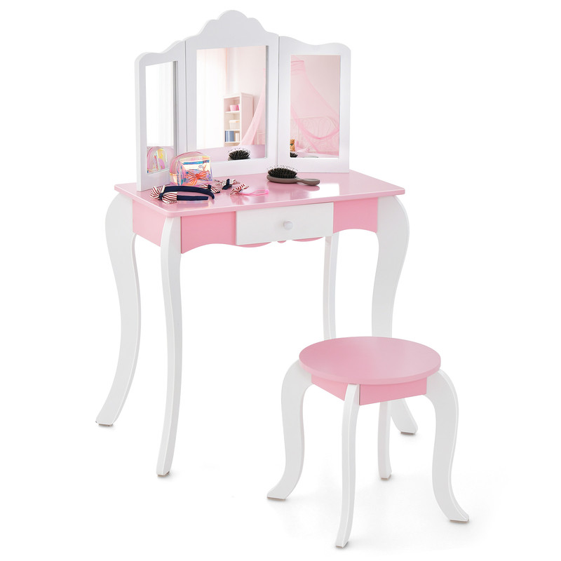 Acrylic Mirror Kids Vanity Set Wooden Makeup Table And Stool For Girls With Drawer Safe Design  Gif 0
