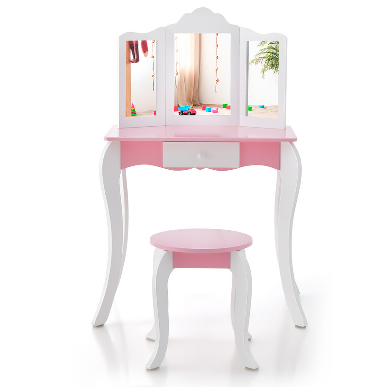 Acrylic Mirror Kids Vanity Set Wooden Makeup Table And Stool For Girls With Drawer Safe Design  Gif 7