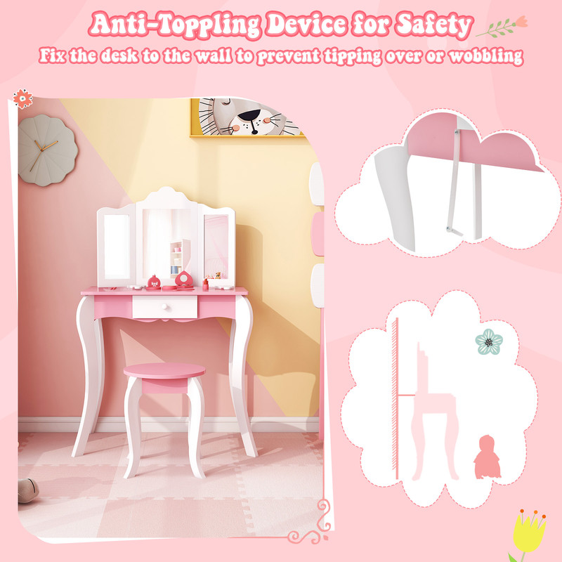 Acrylic Mirror Kids Vanity Set Wooden Makeup Table And Stool For Girls With Drawer Safe Design  Gif 5