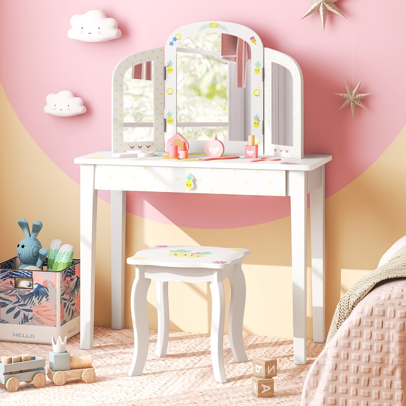 Kids Vanity Table Set With Adjustable TriFolding Mirror Large Drawer Pineapple Design Makeup Desk 1