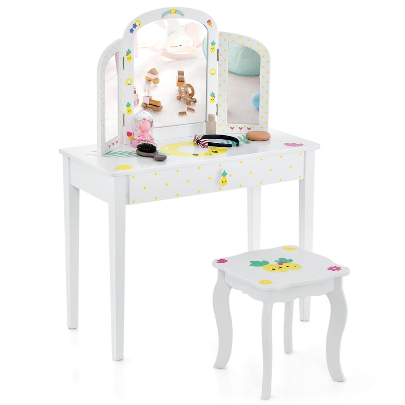 Kids Vanity Table Set With Adjustable TriFolding Mirror Large Drawer Pineapple Design Makeup Desk 7