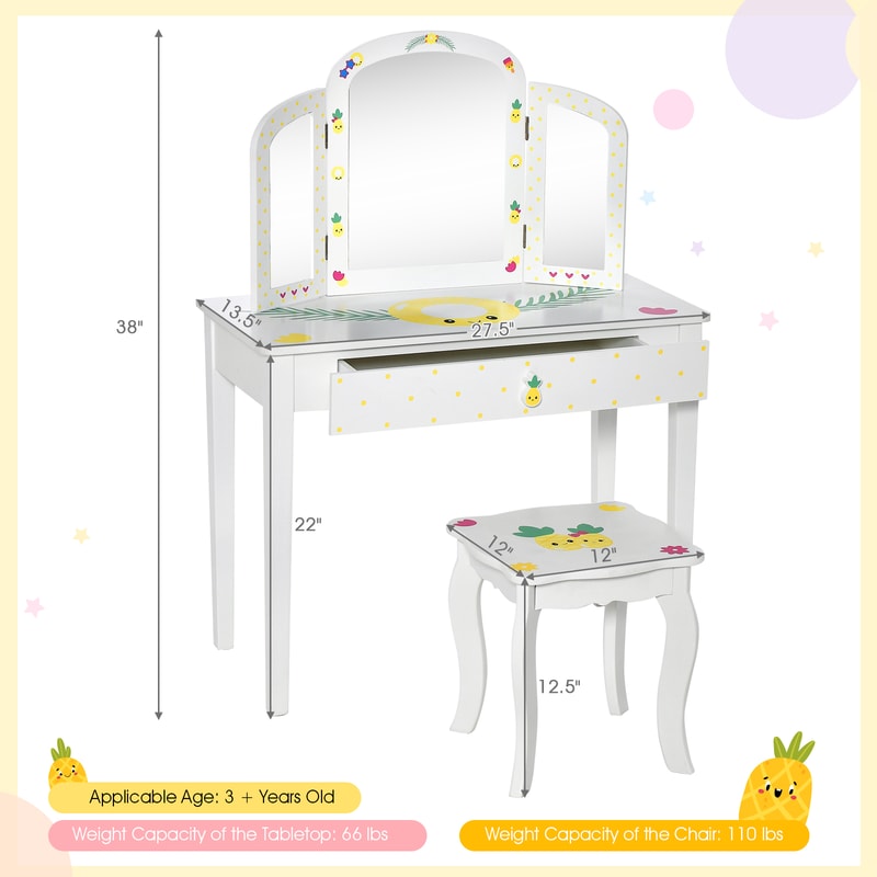 Kids Vanity Table Set With Adjustable TriFolding Mirror Large Drawer Pineapple Design Makeup Desk 6